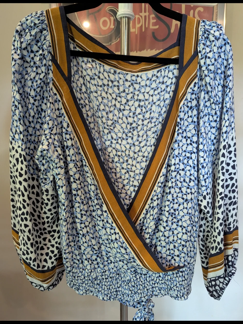 Anthropologie Blue White and Mustard Mixed-Print Puff-Sleeve Blouse